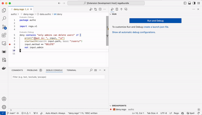 Debugging Rego in VS Code